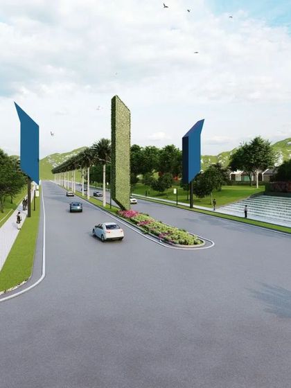 The grand entrance boulevard for the 200-acre 'Trident Hills' township in Panchkula. The design features massive water cascades with branding, creating an imageable and impressive arrival experience.