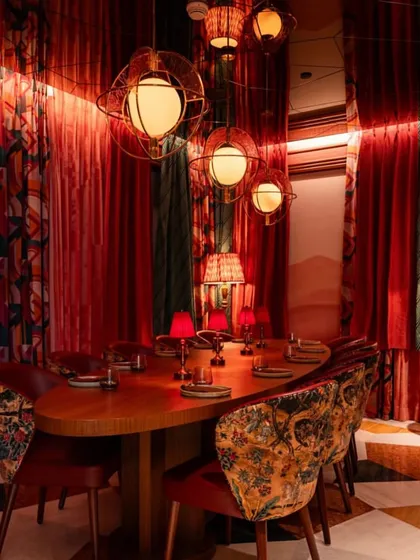 A glimpse into our private dining room, where rich textures and bold patterns create a luxurious and intimate setting. The space is perfect for exclusive dinners, board meetings, or milestone celebrations.
