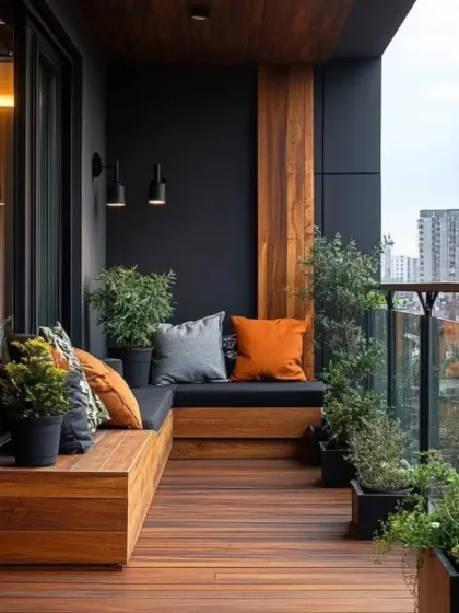 We used a bold, dark color palette for the walls to create a striking contrast with the warm tones of the wooden deck and built-in L-shaped bench. This modern balcony design demonstrates how to use planters to add greenery and define the space.