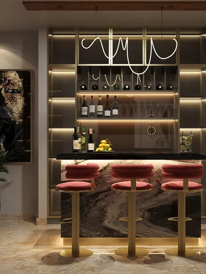 A dedicated home bar is the ultimate luxury for entertaining. We designed this unit with integrated backlighting, a marble countertop, and custom wine storage to create a stylish and functional party-ready corner.