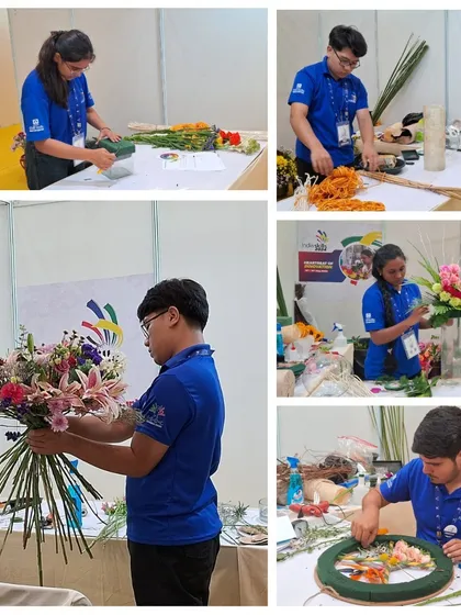 A collage showing the intensity and creativity at the IndiaSkills 2024 competition. Our students are trained to perform under pressure, creating everything from hand-tied bouquets to wreaths.