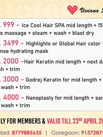 Here are my special offers for Akshaya Tritiya and Eid. I have great deals on Ice Cool Hair Spa, Highlights, Global Color, Hair Keratin, and Nanoplasty treatments for my members.