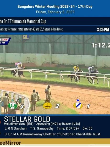 Race 4 results from February 2, 2024: Stellar Gold wins The Dr. T Thimmaiah Memorial Cup.