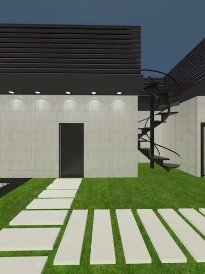 A view of the proposed Punjabi Bagh layout, featuring a spiral staircase connecting different levels of the outdoor space.