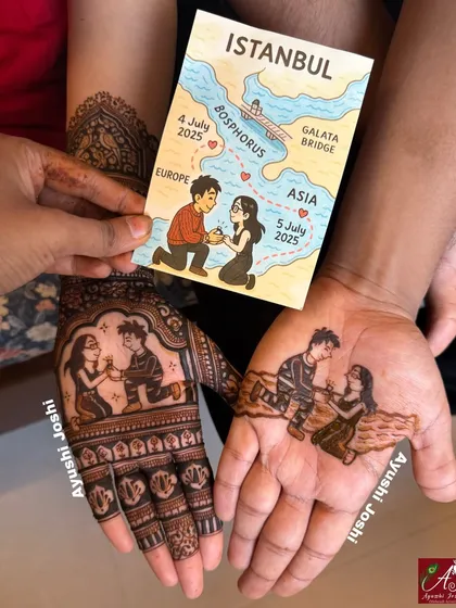 This is how a custom design comes to life. I worked with the couple to turn their beautiful Istanbul proposal illustration into a unique engagement mehendi for both the bride and groom.