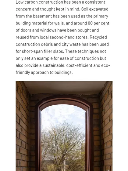 An excerpt from an article on the project, detailing our focus on low-carbon construction. We used excavated soil for walls and reused around 80% of the doors and windows from local second-hand stores.