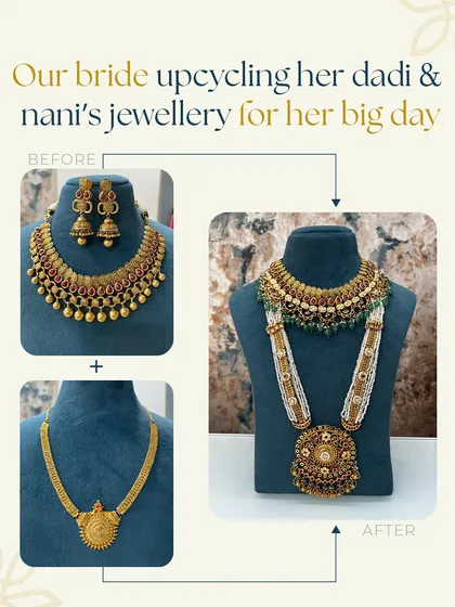 What’s more special than wearing your Dadi and Nani’s blessings on your wedding day? We combined two different family heirlooms to create this magnificent layered bridal set, a piece that is modern, personal, and full of love.