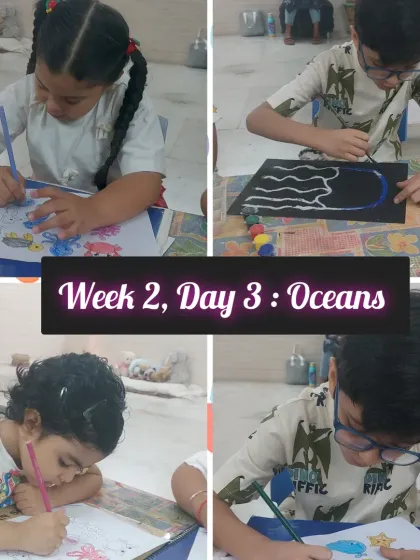 Children engaged in the ocean-themed art session. Activities included coloring marine life and creating salt paintings of jellyfish, which helps reinforce the day's topic.
