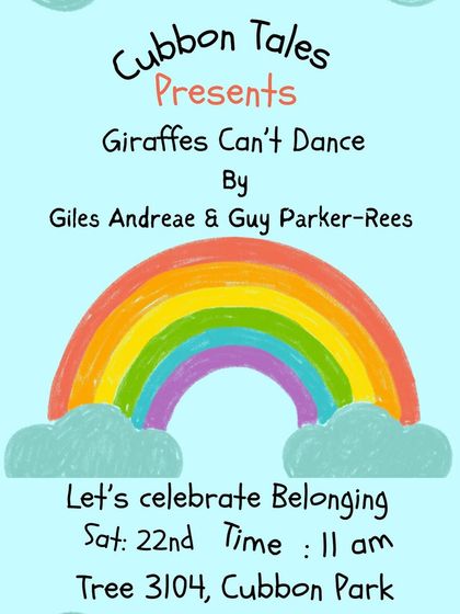 Our poster for a session celebrating Pride and belonging, featuring the book 'Giraffes Can't Dance'. We use stories to talk about important values like embracing your unique identity.