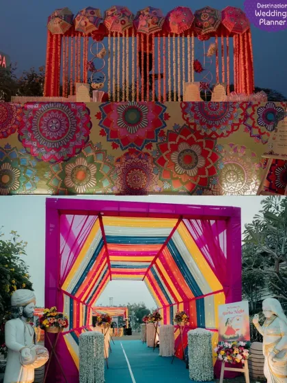 The decor for the Garba night was a celebration of color and tradition. We used multi-colored fabric drapes for the entrance tunnel and a vibrant mandala-print backdrop for the stage.