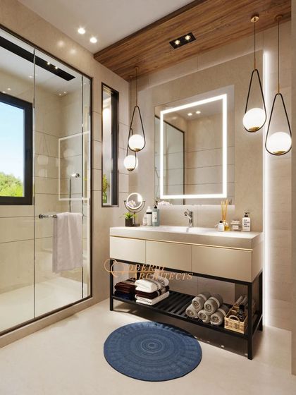 A modern bathroom with a minimalist vanity, hanging pendant lights, and a large walk-in shower. The design is clean, functional, and stylish.