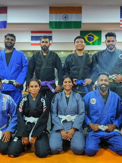 Our Gi class, with a mix of white, blue, and purple belts training under our head coach.