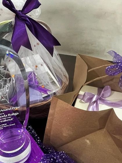 The spoils of victory! The beautiful trophy and prize hamper for the winner of the BWW Short Story Award for the R K Anand Prize 2024.