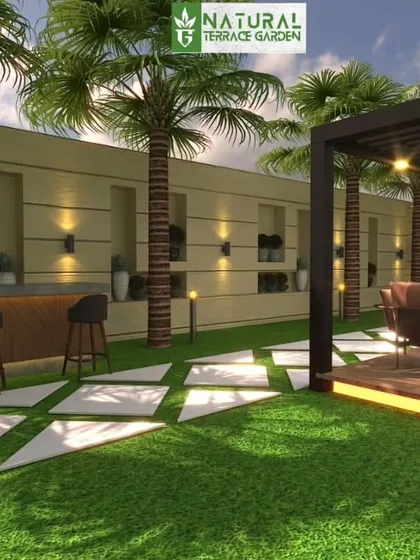 Another view of the proposed front yard bar, showing its integration with the surrounding landscape and lighting design.