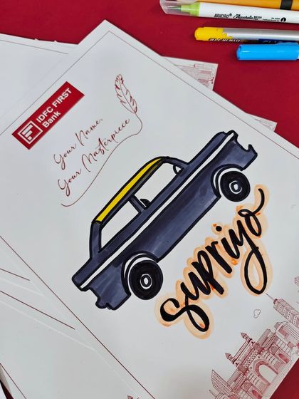 A personalized illustration featuring a "kaali-peeli" taxi, another icon of Mumbai, for a visitor named Supriyo at the IDFC First Bank event.