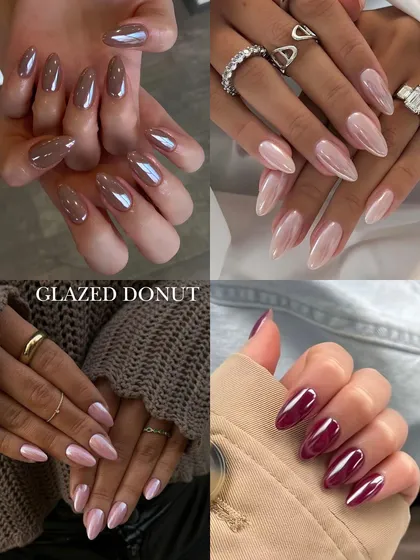 The "glazed donut" trend continues to be a favorite. This collage features the popular sheer chrome finish on various base colors, from classic nudes and pinks to deep burgundy.