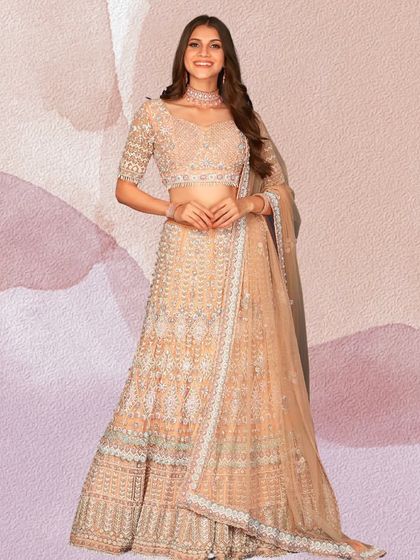 A full-length view of the beautiful peach lehenga. The color is subtle and sophisticated, perfect for a bridesmaid or wedding guest.