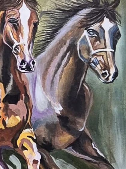 Another detail shot, showing the expressive faces of two of the horses. Their manes fly in the wind as they gallop with determination.