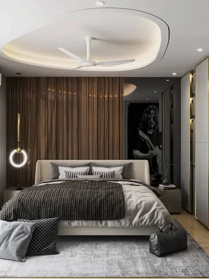 A bedroom designed for a music lover, featuring a large-scale portrait of a rockstar. These renders show how we can incorporate personal interests and bold graphic elements into a sleek, modern interior.