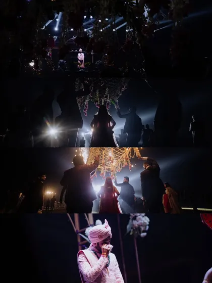 A collage of dramatic, low-light shots from a grand bridal entry, with silhouettes and spotlights creating a cinematic feel.