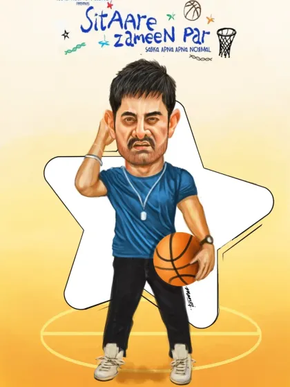 A character caricature of Aamir Khan for the film "Sitaare Zameen Par".