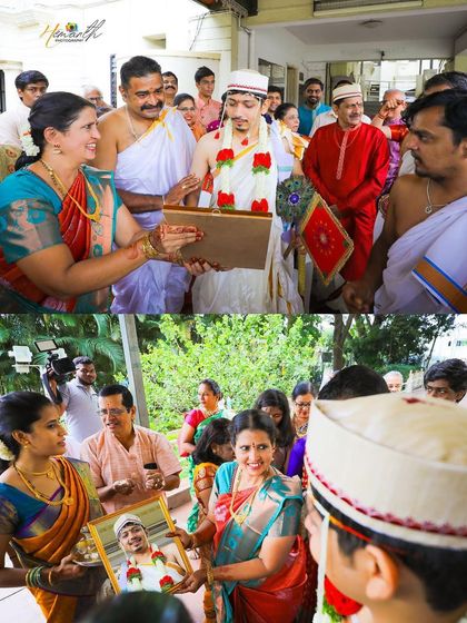 A collage showing unique family traditions, where relatives present the groom with gifts and photos, highlighting the personal touches in every wedding.