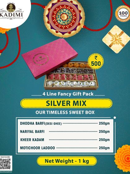 Our Silver Mix is a timeless sweet box for Rakhi, featuring a delightful combination of Dhodha Barfi, Nariyal Barfi, Kheer Kadam, and Motichoor Laddoo.