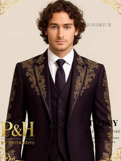 A portrait shot that captures the regal and authoritative feel of this heavily embroidered purple three-piece suit.