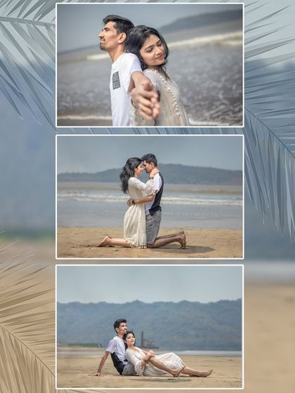 This collage showcases a variety of poses from a beach pre-wedding shoot, from playful interactions to romantic embraces, capturing the full story of your day by the sea.