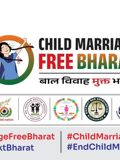 The official banner for the 'Child Marriage Free Bharat' campaign, showcasing the collaboration between various organizations, including the Gurugram Administration.