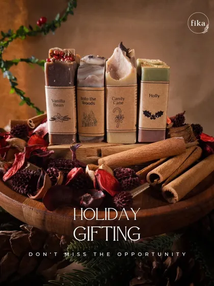 This is my Holiday Collection in all its glory. I've arranged my most festive artisan soaps, including Vanilla Bean, Coffee, Cinnamon Bark, and Peppermint, in a bed of potpourri and spices to show you the natural inspiration behind each scent.