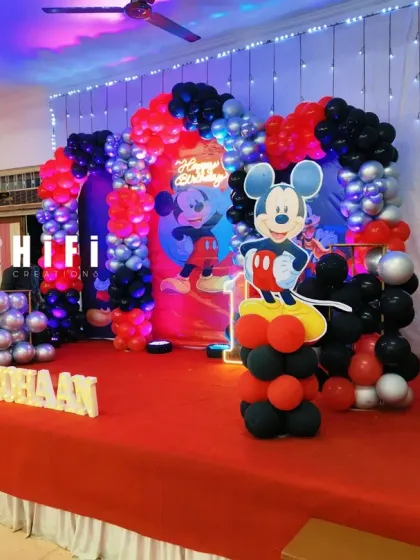 Another angle of the Mickey Mouse Clubhouse stage, showing the full arrangement of characters and balloons.