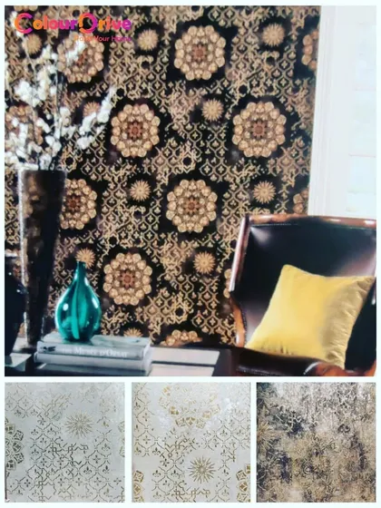 For a classic and opulent look, a damask wallpaper is a timeless choice. This intricate black and gold pattern creates a dramatic and luxurious feature wall, perfect for a formal sitting area.