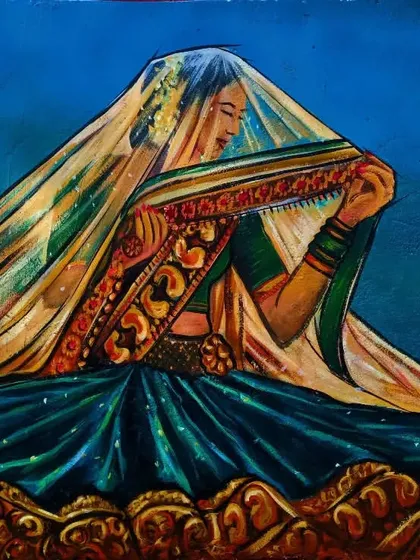 An acrylic painting of a woman in a traditional ghagra choli, her face modestly covered by a translucent veil. The artwork captures a moment of quiet grace and cultural beauty.