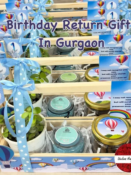This image showcases the vibrant blue and rainbow design of the 'Hot Air Balloon' themed return gifts.