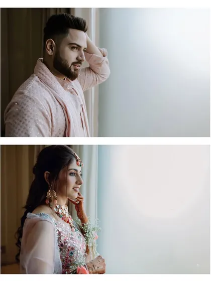 A diptych showing the bride and groom in moments of quiet reflection, both looking towards their future. This artistic composition tells a story of two individuals about to become one.