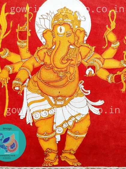 This is Taruna Ganapati, the youthful form of Lord Ganesha, against a vibrant red background. This 13x14 inch acrylic on canvas painting depicts his eight arms, each holding a symbolic item representing joy, prosperity, and wisdom.