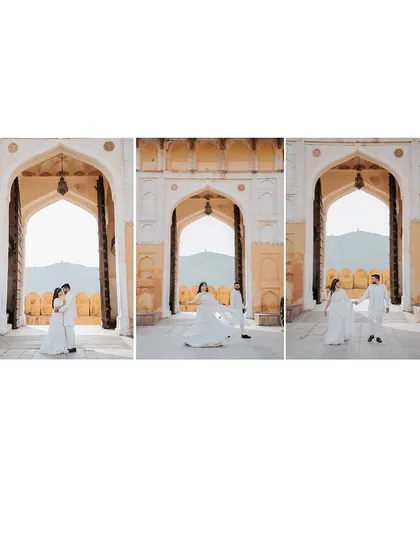 A sequence of shots showing the couple walking through a grand arched hallway, creating a sense of movement and storytelling.
