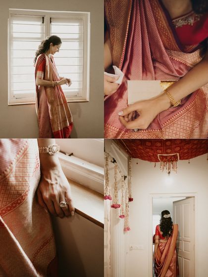 A moodboard of details from a Gujarati pre-wedding ritual, showcasing the beauty of handloom sarees and traditional elements.