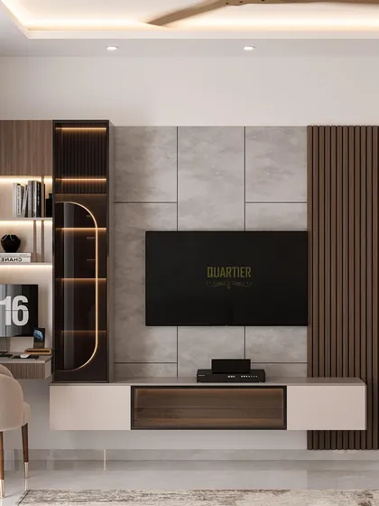 This master bedroom render for ATS Rhapsody features a simple grey textured wall behind the bed, with fluted louvers above. The design is minimalist yet warm, with a focus on texture and soft lighting.
