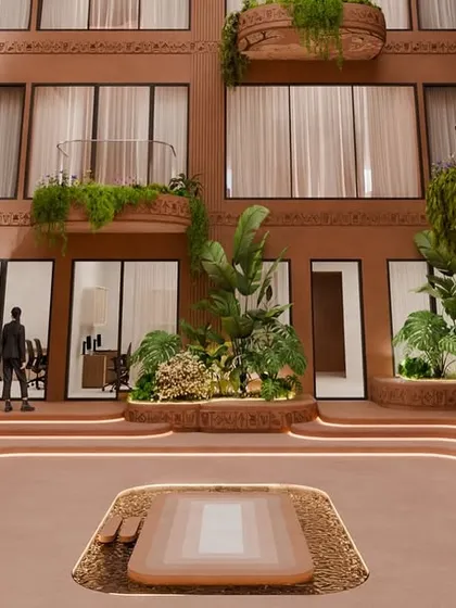 The courtyard comes alive with the interplay of light, texture, and detail. The warm terracotta tones and abundant greenery create a serene and grounded atmosphere.