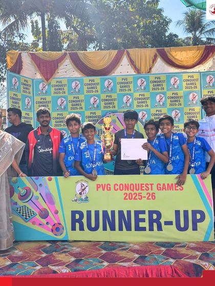 The Somaiya School's 'A' team proudly holding their runners-up trophy at the PVG Conquest Games. My services extend to school-level football tournaments, fostering young talent.