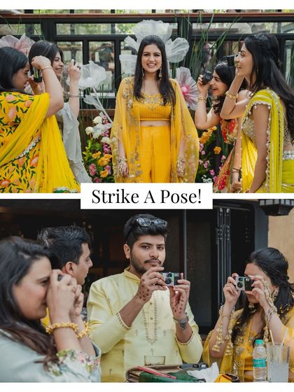 Guests having fun with vintage polaroid cameras, a great way to create instant, tangible memories.