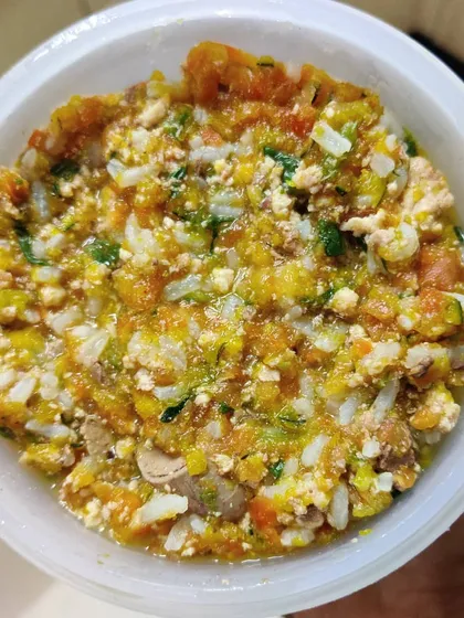 A detailed look at my freshly cooked chicken liver meal. You can see the mix of rice, pureed pumpkin, and chunks of nutritious liver, creating a rich and savory bowl that's packed with iron and vitamins.