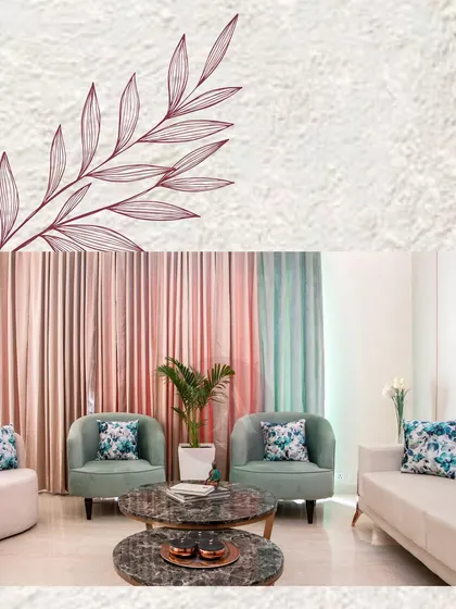 The reality part of the "sketch to reality" story. This photo shows the finished living room with pastel green chairs and a blush sofa, bringing the initial drawing to life with color and texture.