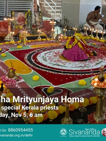 The intricate and beautiful setup for the Maha Mrityunjaya Homa. The colorful mandala, lamps, and offerings are all part of creating a sacred space for this powerful healing ceremony.