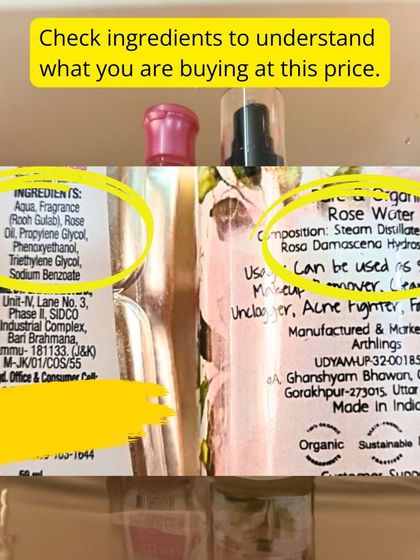 Always check the ingredients. This comparison shows the long list of chemicals in a commercial product versus the single, pure ingredient in ours: Steam Distillate of Organic Rosa Damascena.