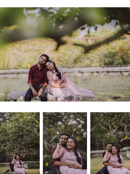 A collage of a couple's vintage-themed pre-wedding shoot, capturing their romantic moments under a tree.