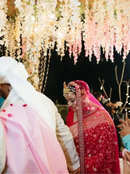 The bride and groom taking their first steps together as a married couple.