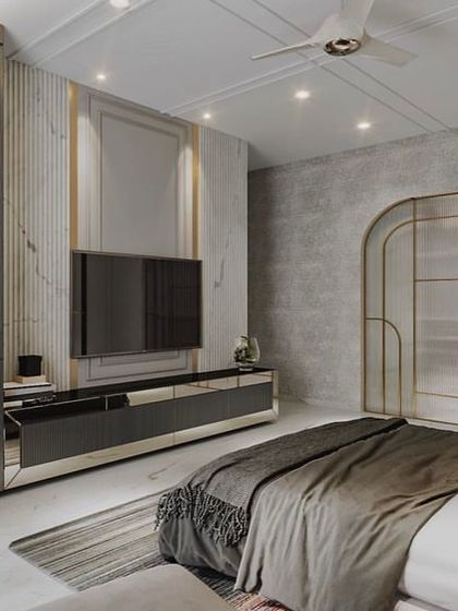 A master bedroom concept with a focus on texture and symmetry. The design includes a grey concrete-finish accent wall, a custom TV unit, and an arched, fluted glass partition leading to the wardrobe.